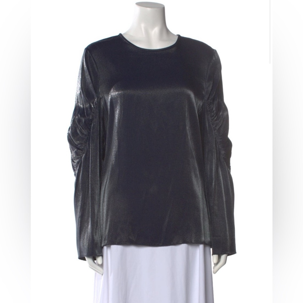 Tibi Shimmering Black Ruched Sleeve Blouse
